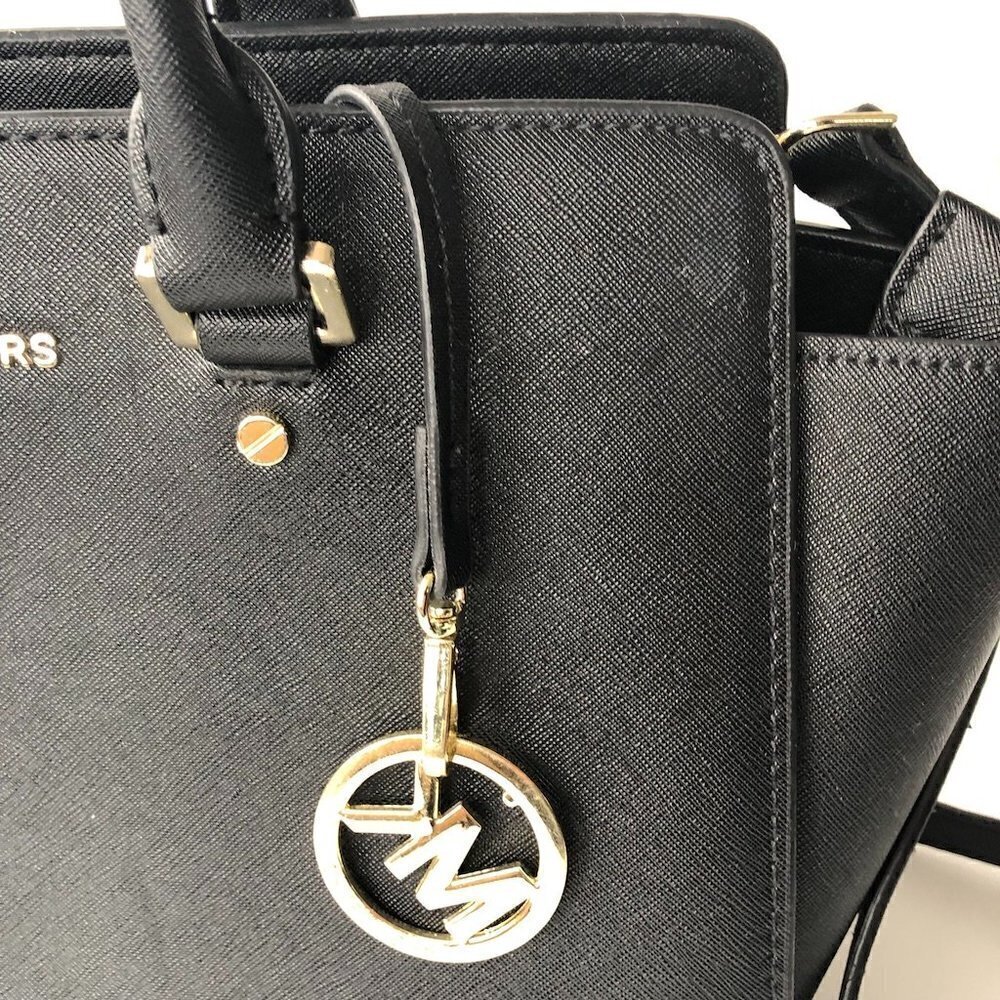 MK MICHAEL KORS  SELMA Saffiano Leather Black Gold detach strap 12.5 x 9 x 4.5" - Picture 9 of 16